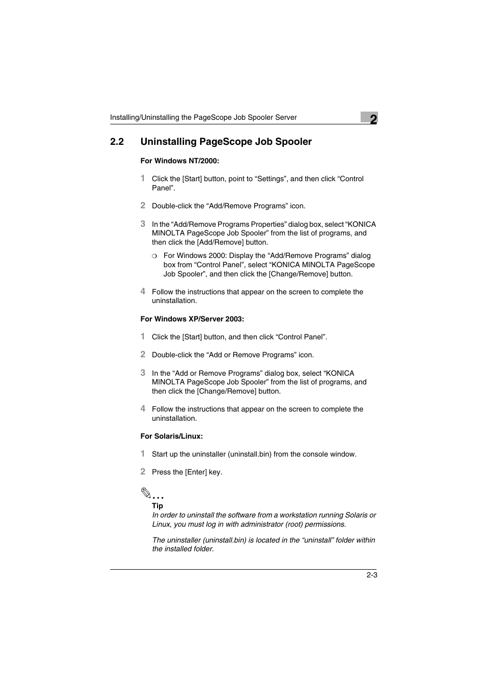 For windows nt/2000, For windows xp/server 2003, For solaris/linux | Konica Minolta PageScope Job Spooler User Manual | Page 10 / 36