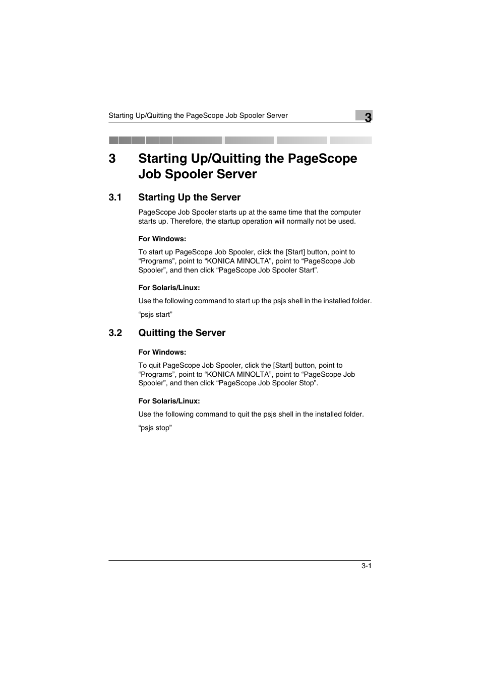 1 starting up the server, For windows, For solaris/linux | 2 quitting the server, Starting up the server -1, For windows: -1 for solaris/linux: -1, Quitting the server -1 | Konica Minolta PageScope Job Spooler User Manual | Page 12 / 36