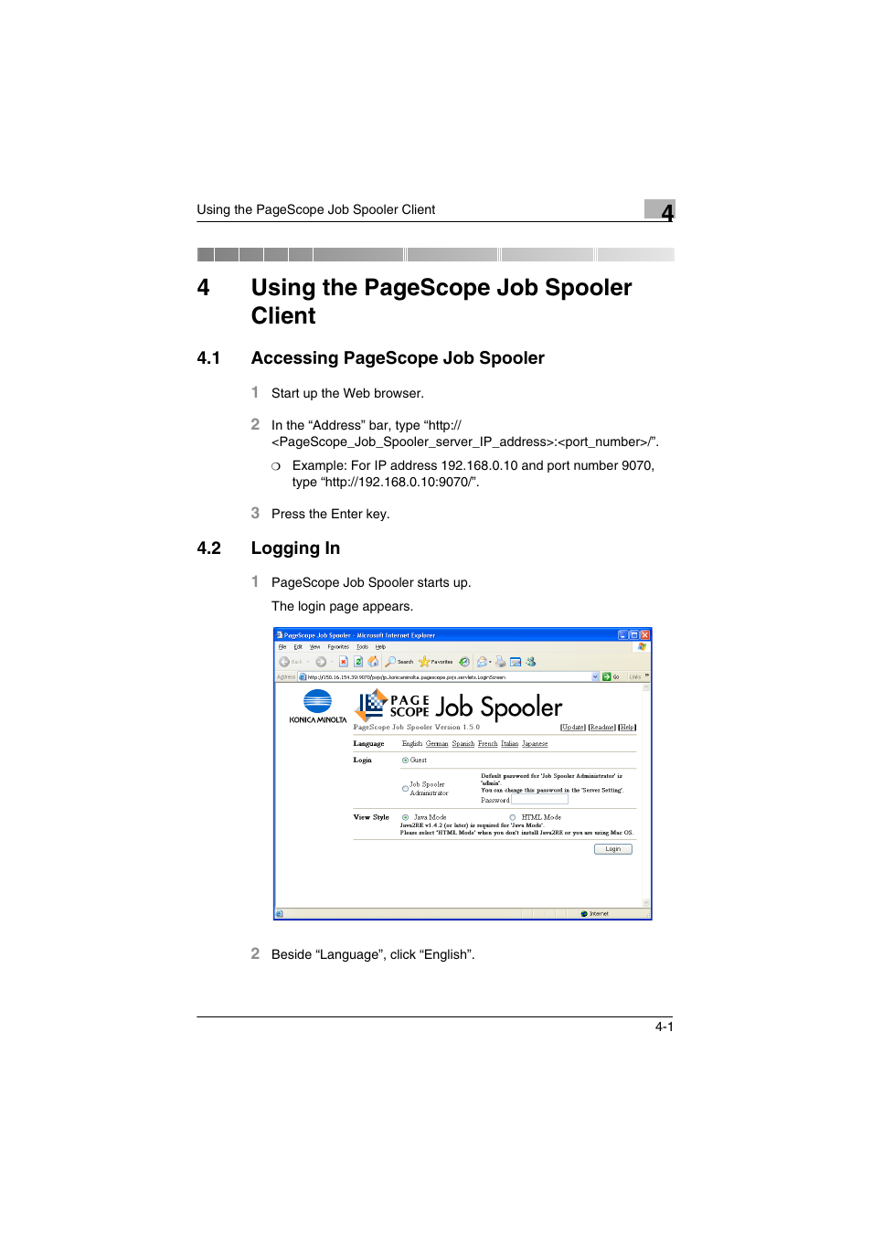 2 logging in, Logging in -1, 4using the pagescope job spooler client | Konica Minolta PageScope Job Spooler User Manual | Page 14 / 36