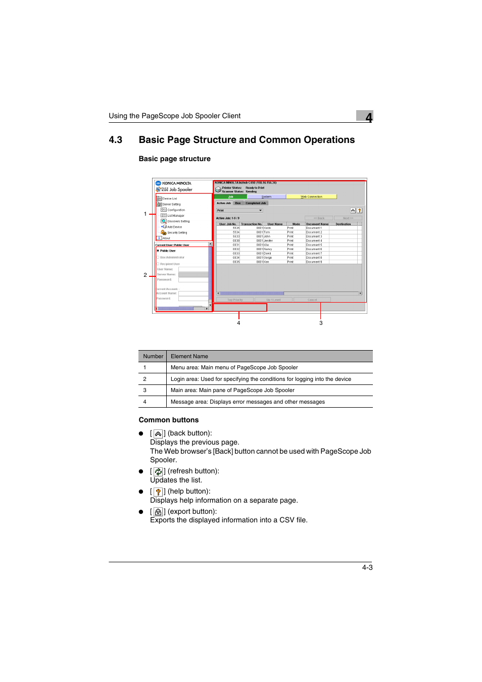 Common buttons, 3 basic page structure and common operations | Konica Minolta PageScope Job Spooler User Manual | Page 16 / 36