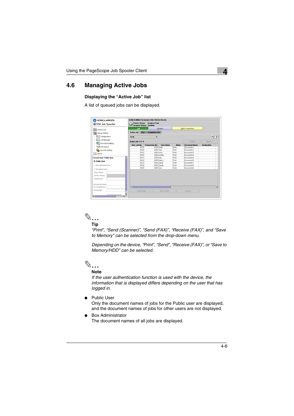 6 managing active jobs, Displaying the “active job” list, Managing active jobs -6 | Displaying the “active job” list -6 | Konica Minolta PageScope Job Spooler User Manual | Page 19 / 36