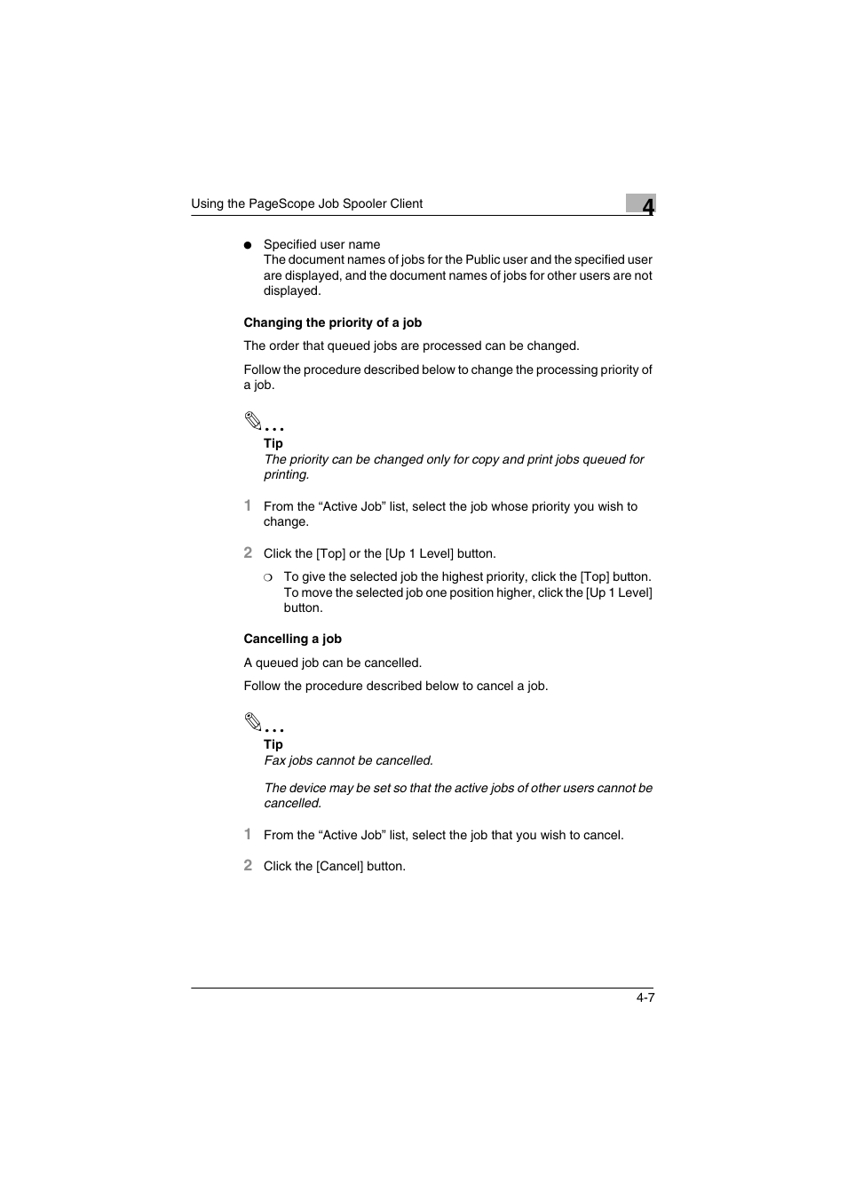 Changing the priority of a job, Cancelling a job | Konica Minolta PageScope Job Spooler User Manual | Page 20 / 36