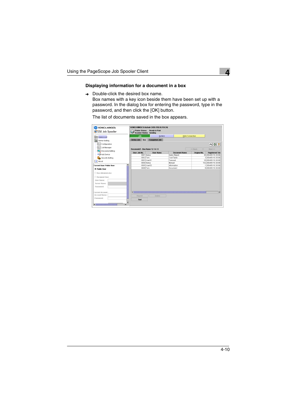 Displaying information for a document in a box, Displaying information for a document in a box -10 | Konica Minolta PageScope Job Spooler User Manual | Page 23 / 36