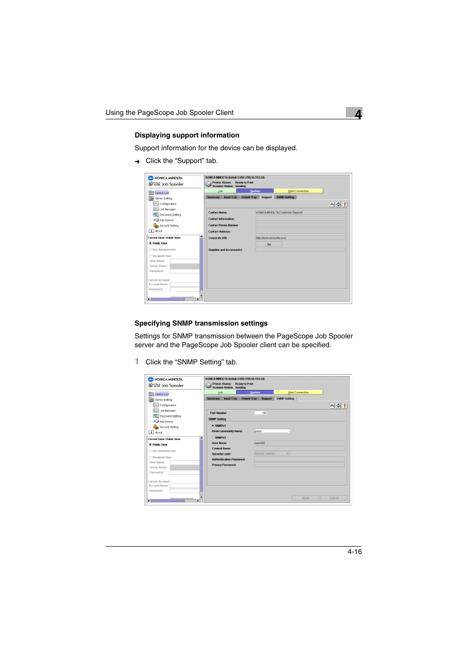 Displaying support information, Specifying snmp transmission settings | Konica Minolta PageScope Job Spooler User Manual | Page 29 / 36