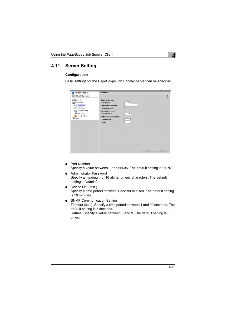 11 server setting, Configuration, Server setting -18 | Configuration -18 | Konica Minolta PageScope Job Spooler User Manual | Page 31 / 36