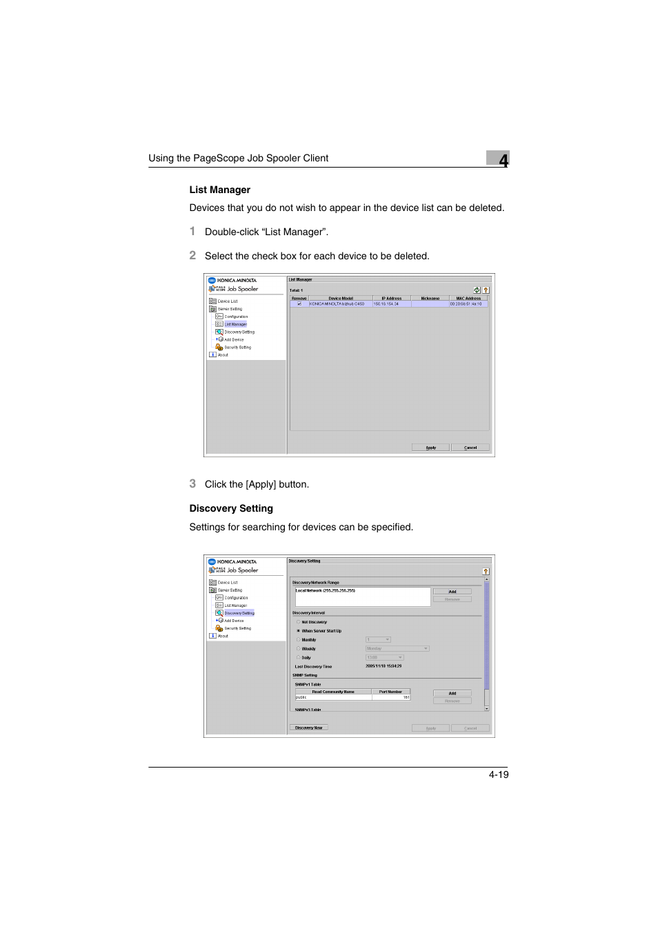 List manager, Discovery setting, List manager -19 discovery setting -19 | Konica Minolta PageScope Job Spooler User Manual | Page 32 / 36