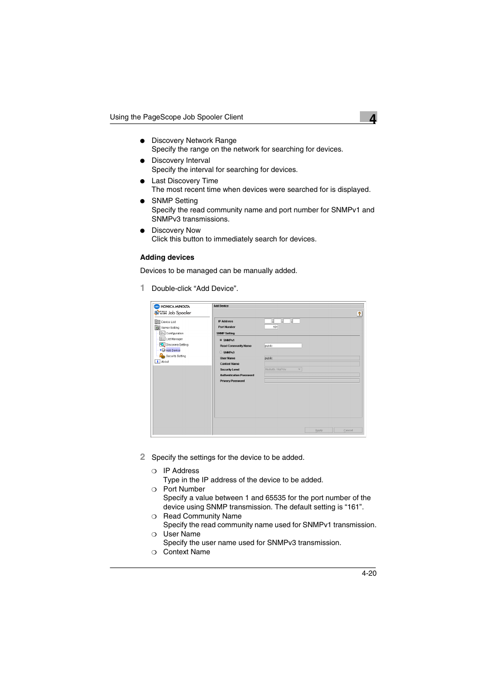 Adding devices, Adding devices -20 | Konica Minolta PageScope Job Spooler User Manual | Page 33 / 36