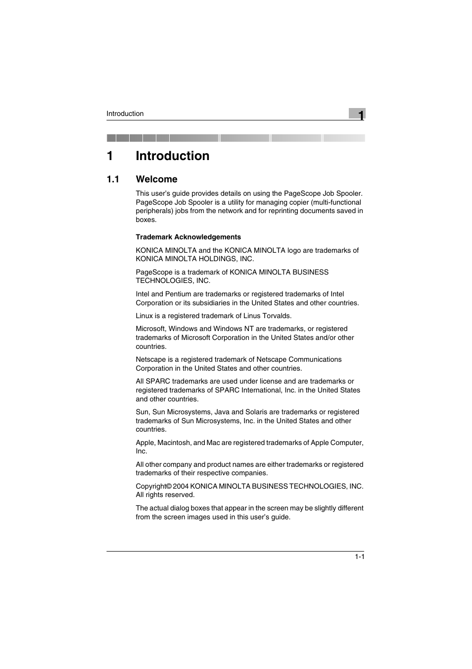 1 introduction, 1 welcome, Trademark acknowledgements | Introduction, Welcome -1, Trademark acknowledgements -1, 1introduction | Konica Minolta PageScope Job Spooler User Manual | Page 4 / 36