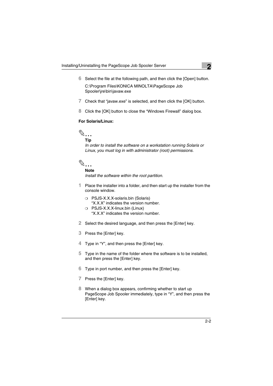 For solaris/linux, For solaris/linux: -2 | Konica Minolta PageScope Job Spooler User Manual | Page 9 / 36