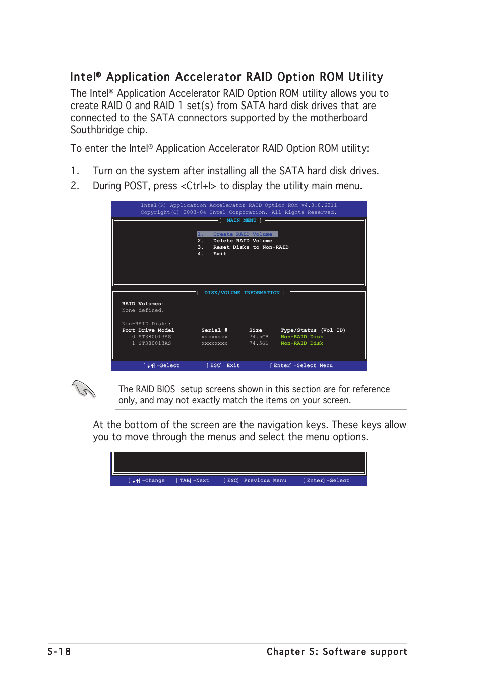 Intel, Application accelerator raid option rom utility, The intel | Asus P5AD2-E Deluxe User Manual | Page 132 / 150