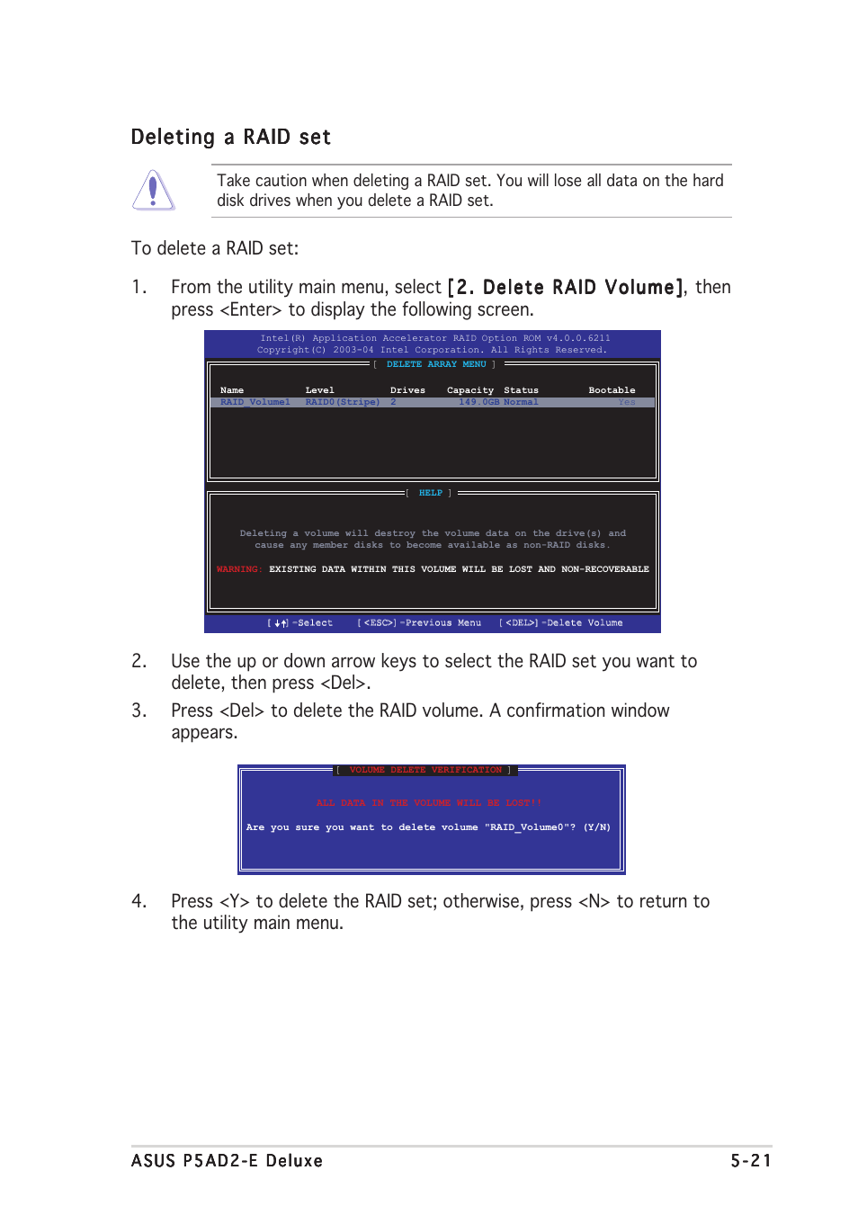 Deleting a raid set | Asus P5AD2-E Deluxe User Manual | Page 135 / 150