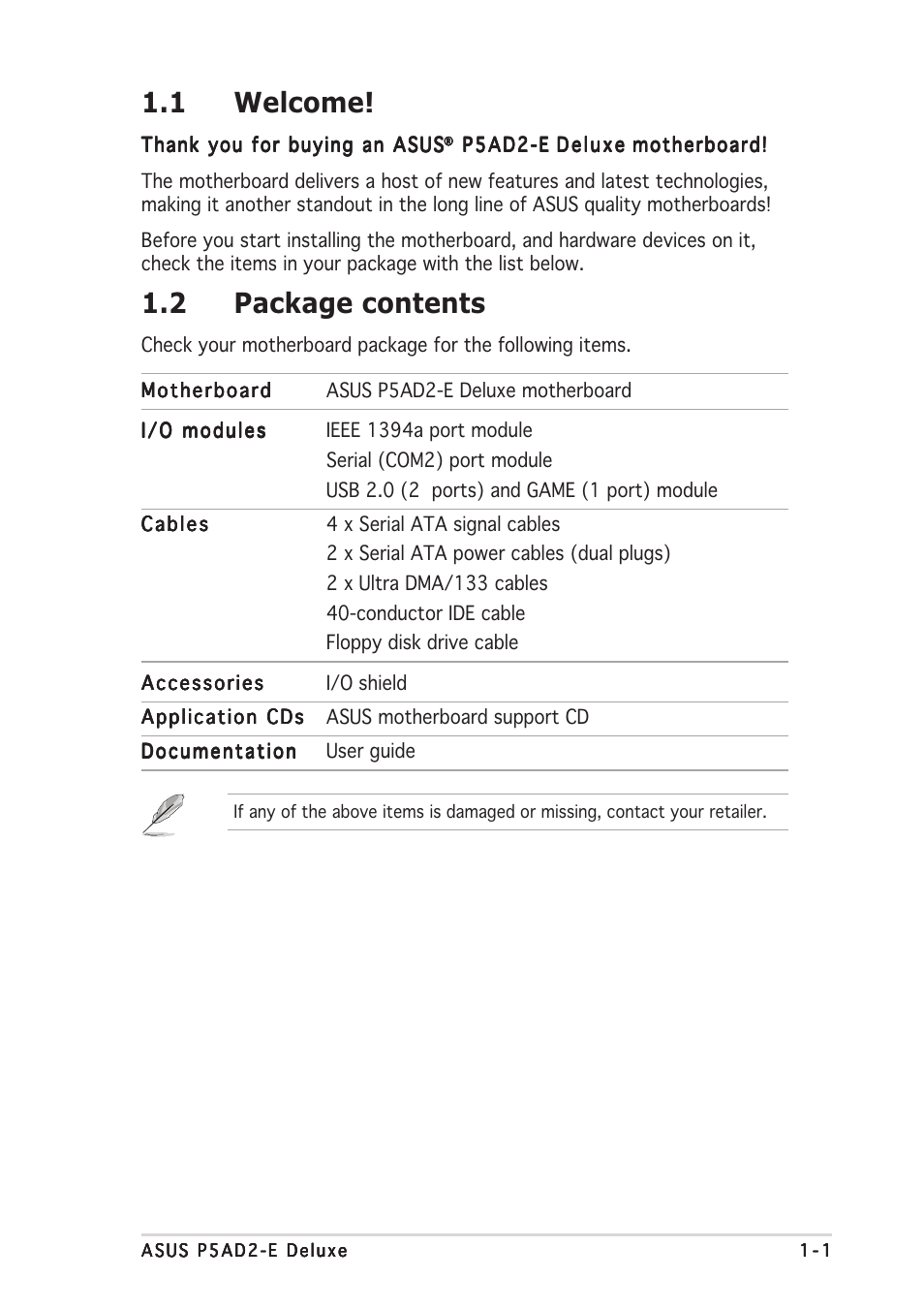 1 welcome, 2 package contents | Asus P5AD2-E Deluxe User Manual | Page 15 / 150