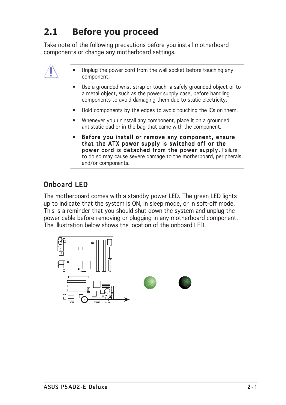 1 before you proceed, Onboard led | Asus P5AD2-E Deluxe User Manual | Page 23 / 150