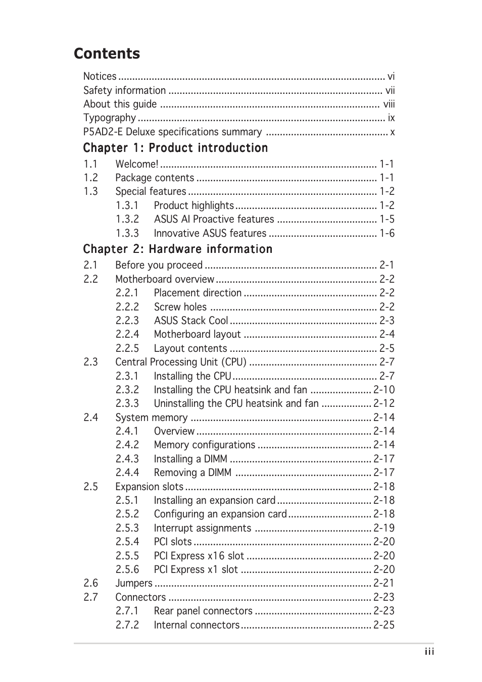 Asus P5AD2-E Deluxe User Manual | Page 3 / 150