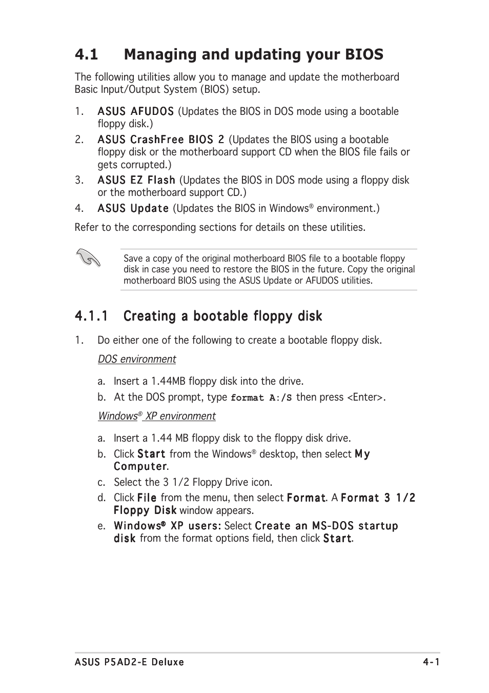 1 managing and updating your bios | Asus P5AD2-E Deluxe User Manual | Page 69 / 150