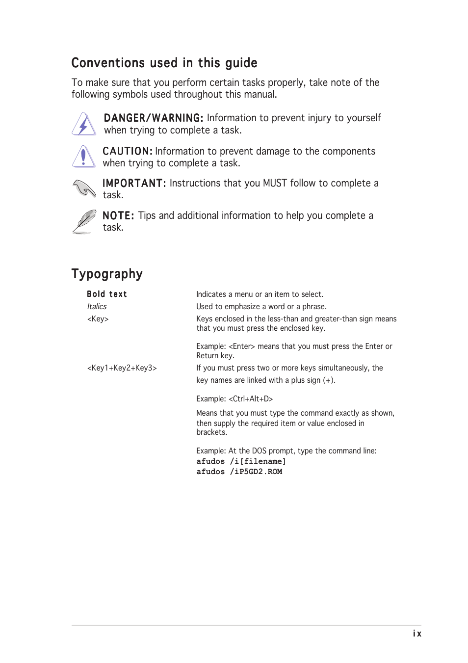 Conventions used in this guide, Typography | Asus P5AD2-E Deluxe User Manual | Page 9 / 150