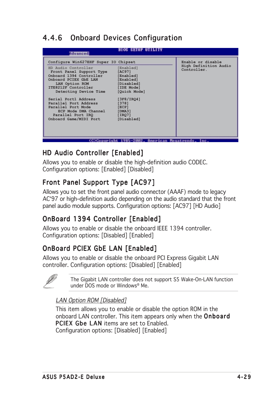 Hd audio controller [enabled, Front panel support type [ac97, Onboard 1394 controller [enabled | Onboard pciex gbe lan [enabled | Asus P5AD2-E Deluxe User Manual | Page 97 / 150