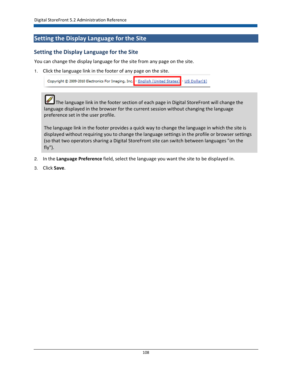 Setting the display language for the site | Konica Minolta Digital StoreFront User Manual | Page 108 / 532
