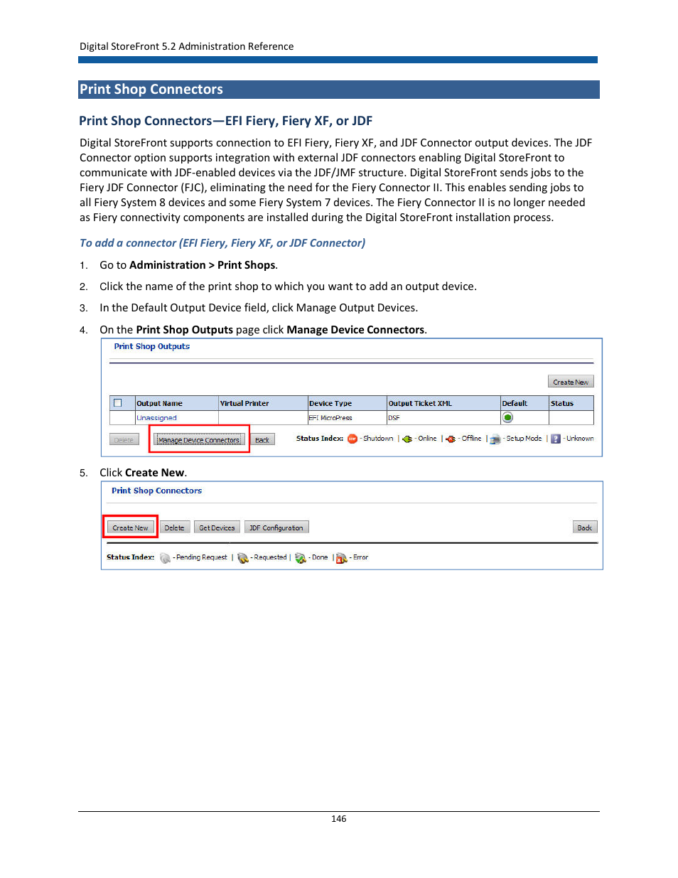 Print shop connectors, Print shop connectors—efi fiery, fiery xf, or jdf | Konica Minolta Digital StoreFront User Manual | Page 146 / 532