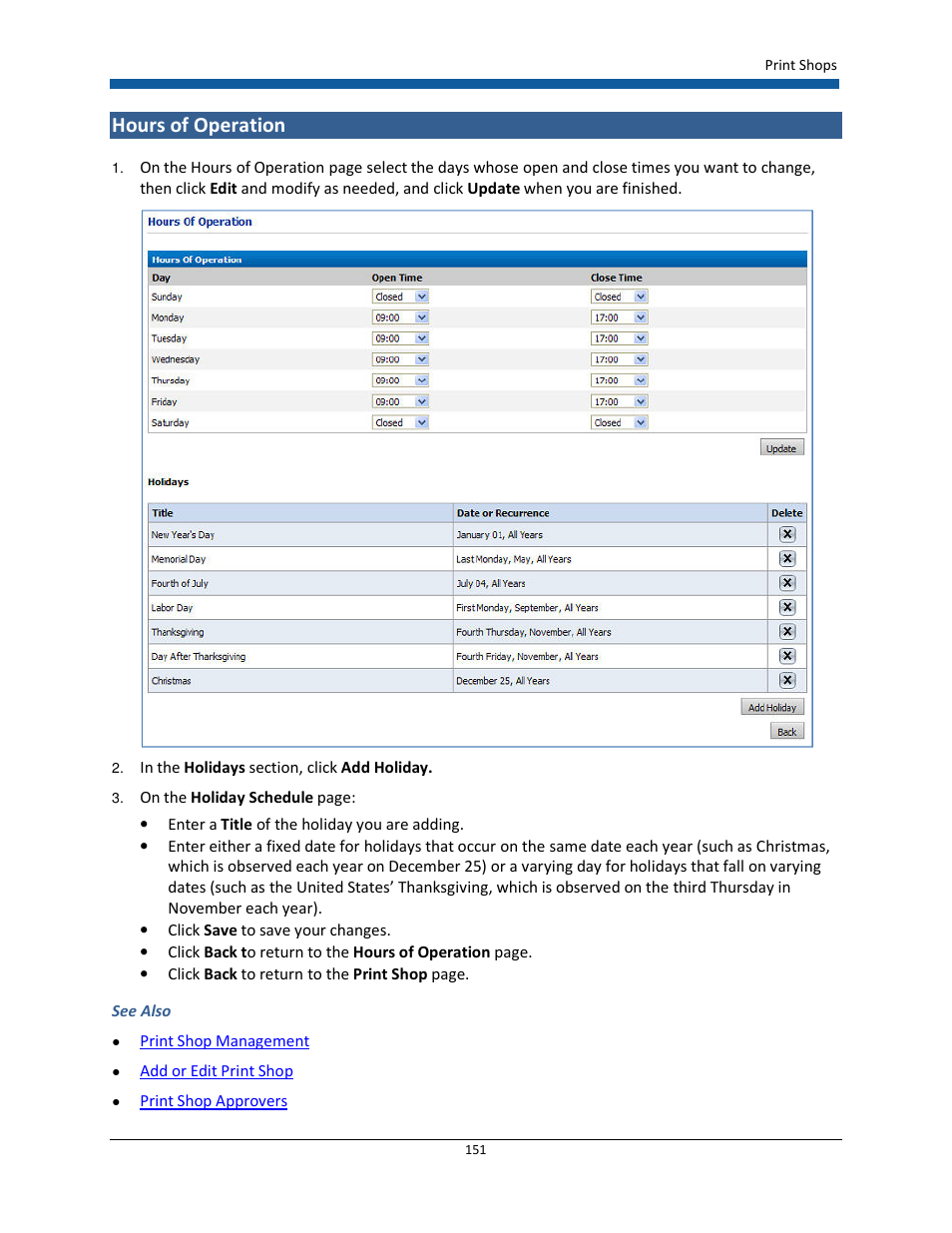 Hours of operation | Konica Minolta Digital StoreFront User Manual | Page 151 / 532
