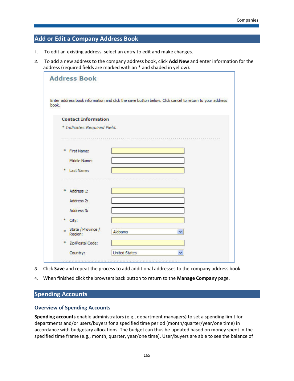 Add or edit a company address book, Spending accounts | Konica Minolta Digital StoreFront User Manual | Page 165 / 532