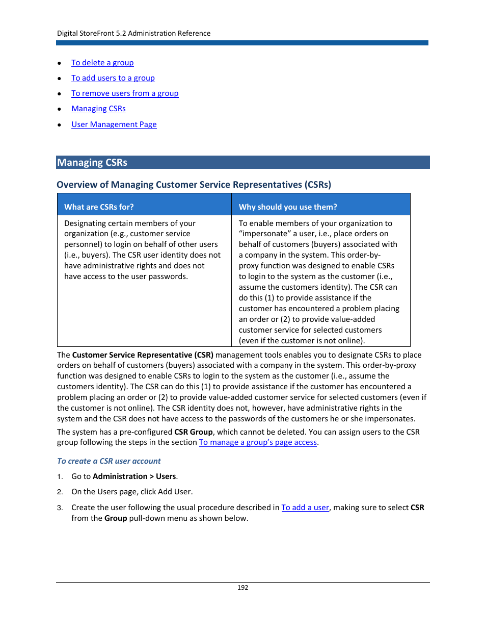 Managing csrs | Konica Minolta Digital StoreFront User Manual | Page 192 / 532