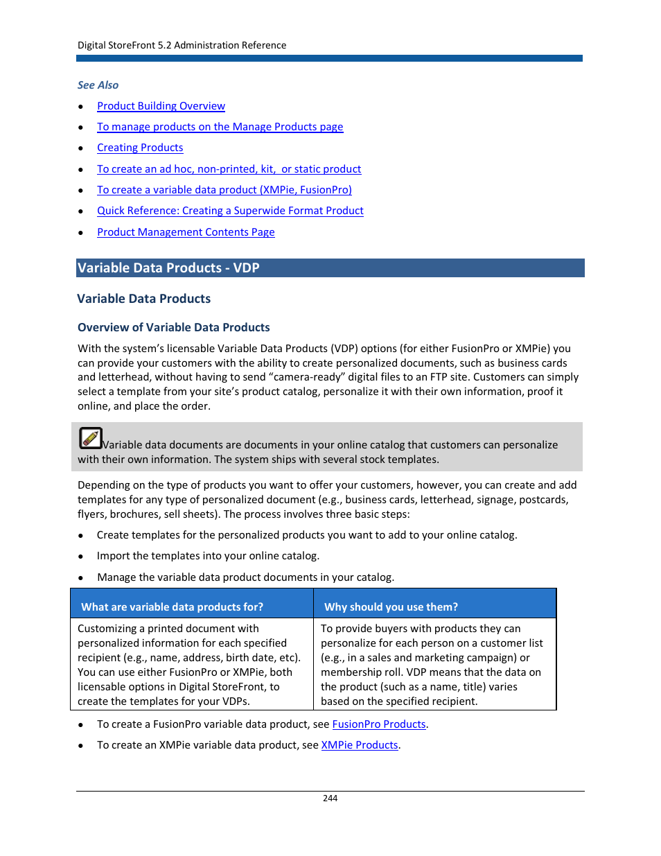 Variable data products - vdp, Variable data products | Konica Minolta Digital StoreFront User Manual | Page 244 / 532