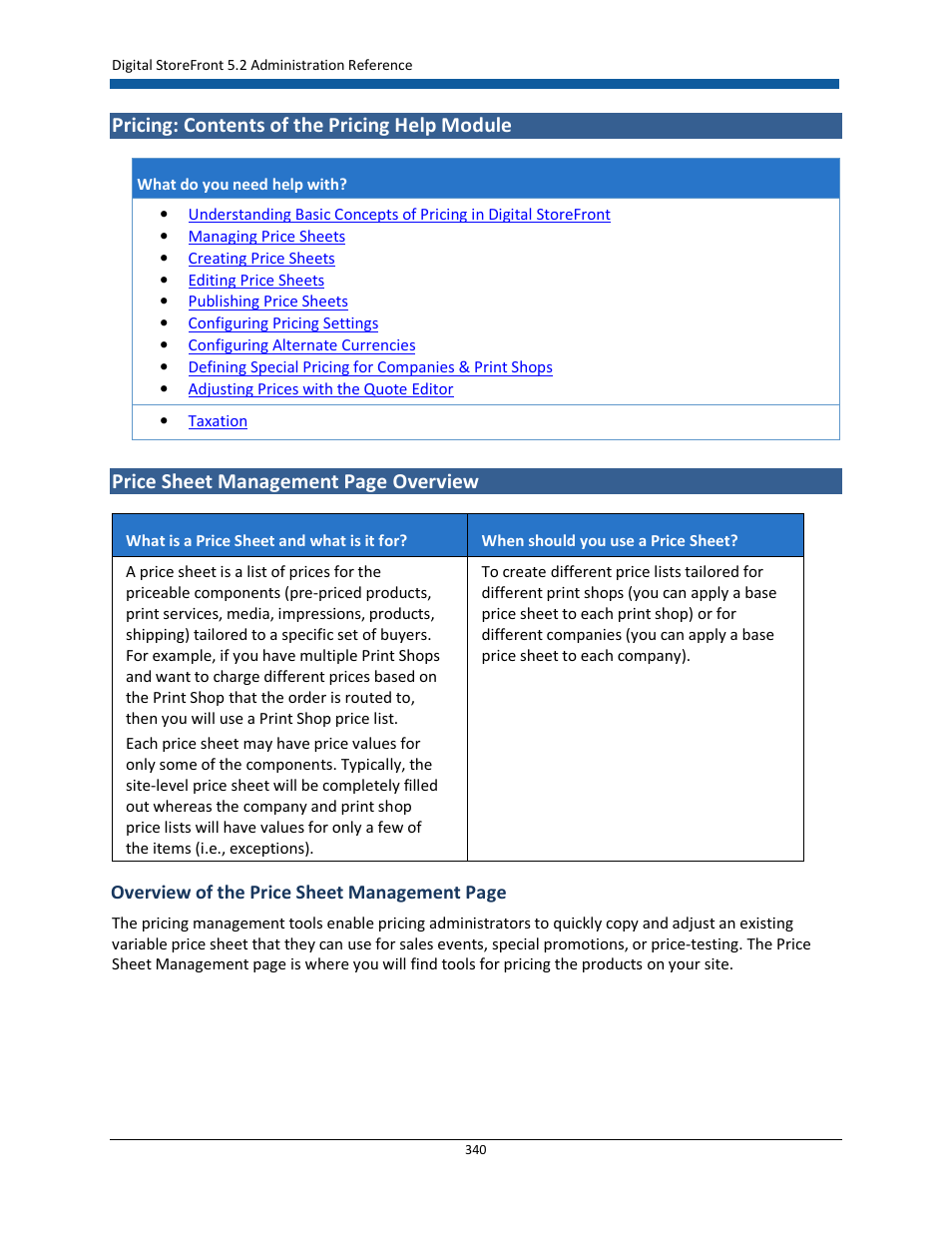 Pricing: contents of the pricing help module, Price sheet management page overview | Konica Minolta Digital StoreFront User Manual | Page 340 / 532