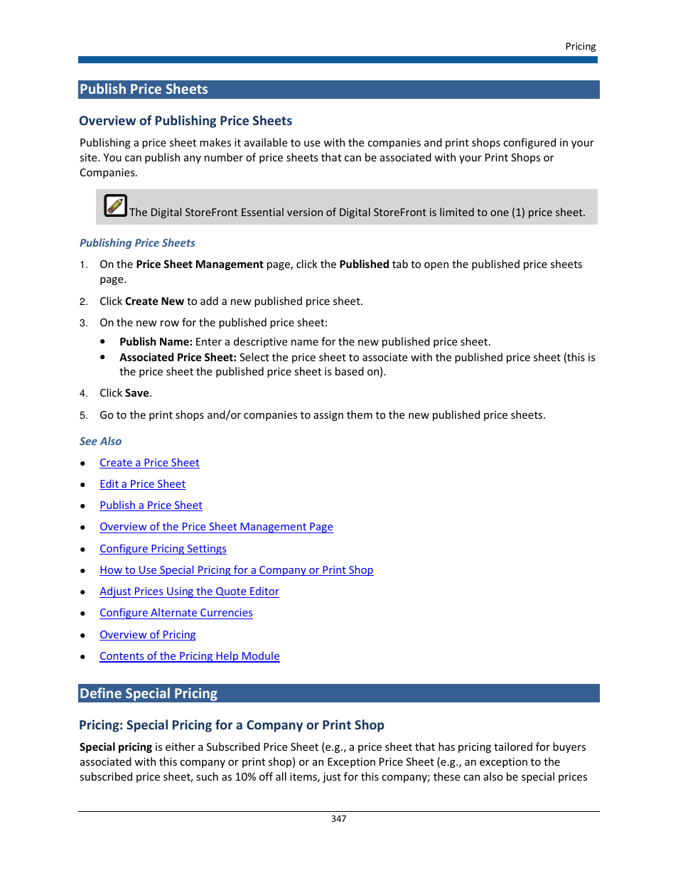 Publish price sheets, Define special pricing, Overview of publishing price sheets | Konica Minolta Digital StoreFront User Manual | Page 347 / 532