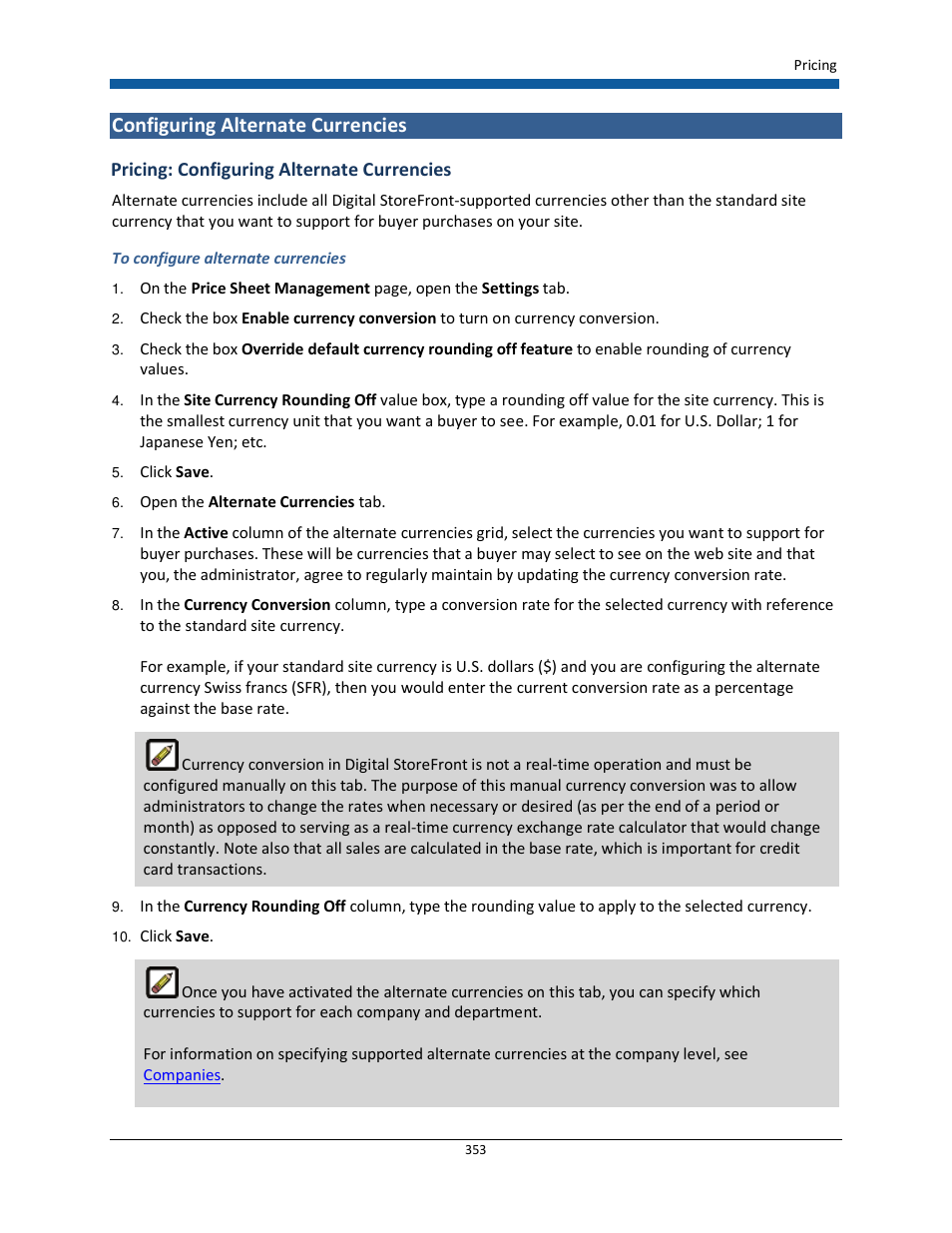 Configuring alternate currencies, Pricing: configuring alternate currencies | Konica Minolta Digital StoreFront User Manual | Page 353 / 532