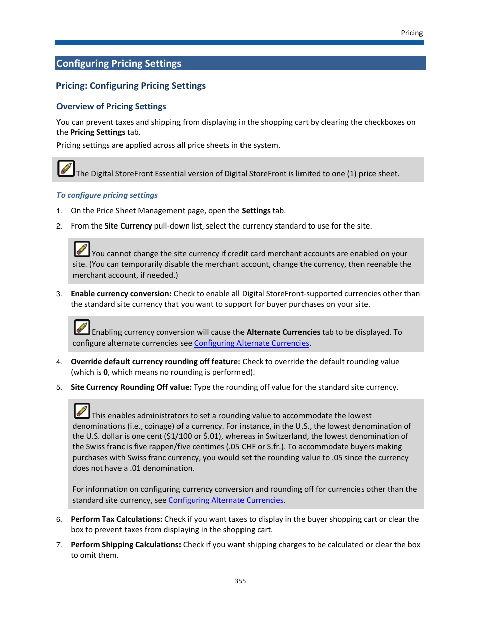 Configuring pricing settings, Pricing: configuring pricing settings | Konica Minolta Digital StoreFront User Manual | Page 355 / 532