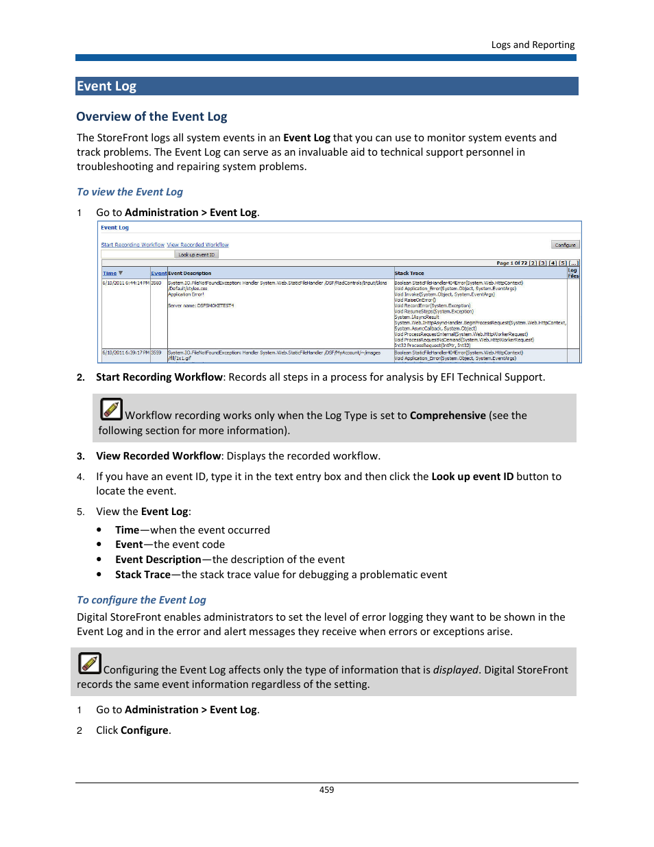 Event log, Overview of the event log | Konica Minolta Digital StoreFront User Manual | Page 459 / 532