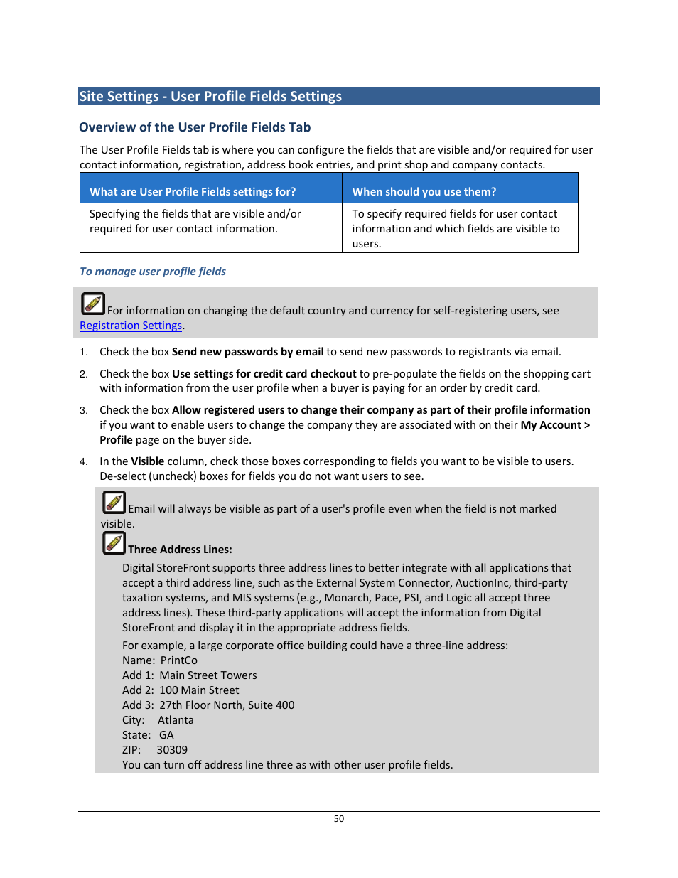 Site settings - user profile fields settings, Overview of the user profile fields tab | Konica Minolta Digital StoreFront User Manual | Page 50 / 532