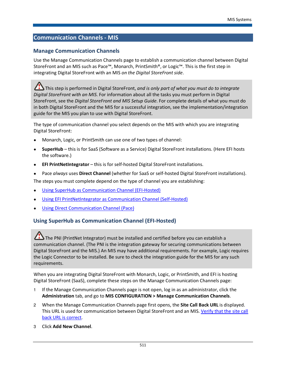 Communication channels - mis, Manage communication channels | Konica Minolta Digital StoreFront User Manual | Page 511 / 532