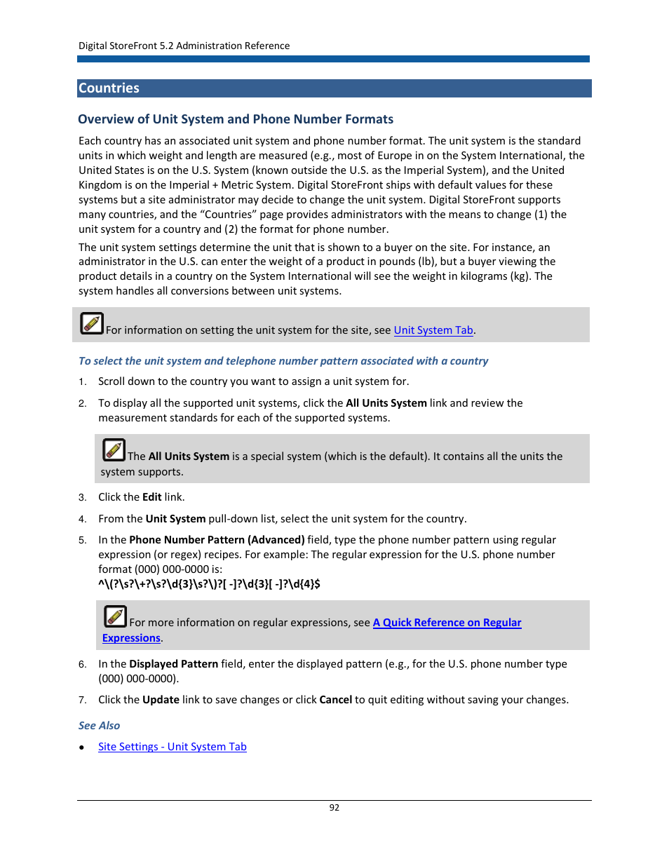 Countries, Overview of unit system and phone number formats | Konica Minolta Digital StoreFront User Manual | Page 92 / 532