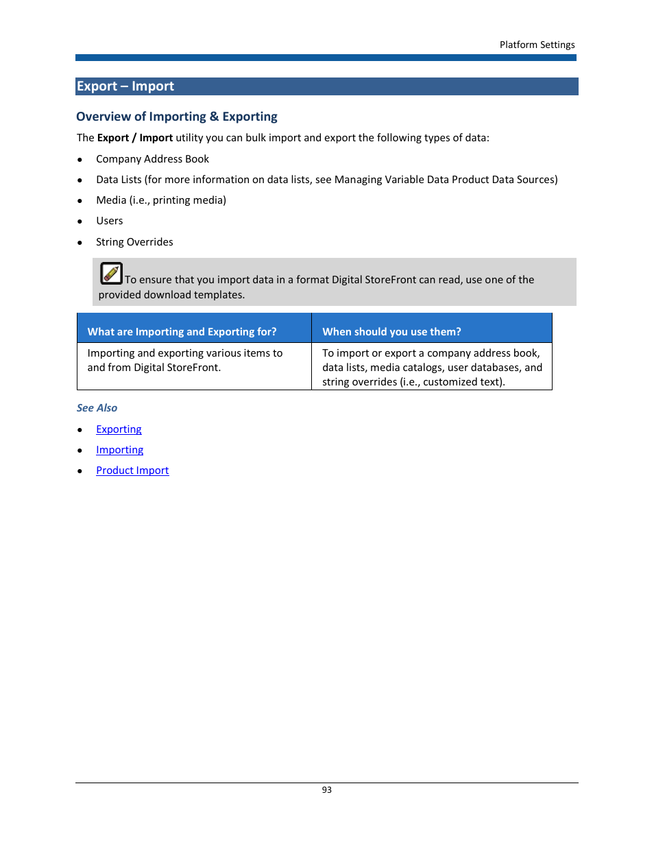 Export – import, Overview of importing & exporting | Konica Minolta Digital StoreFront User Manual | Page 93 / 532