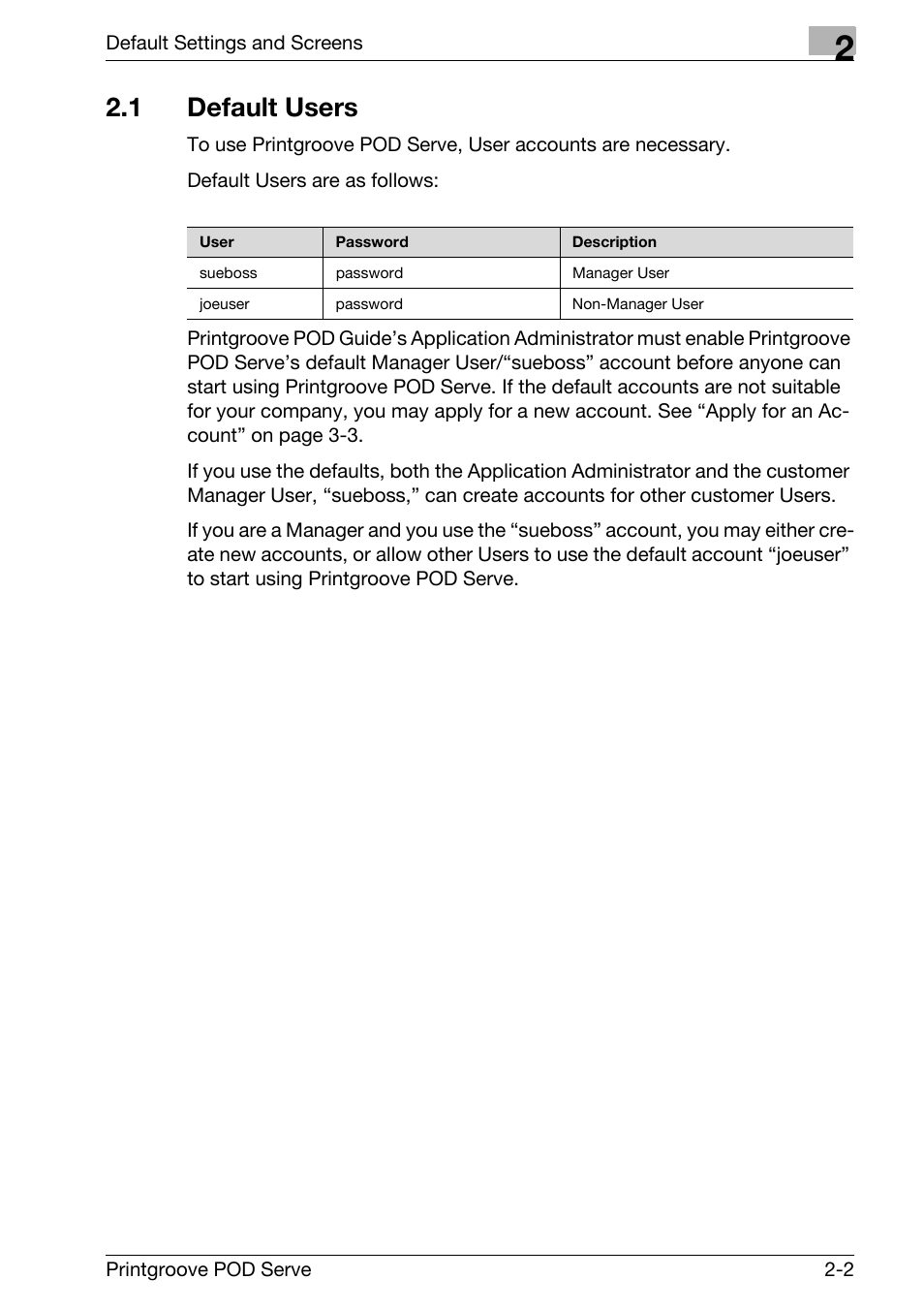 1 default users, Default users -2 | Konica Minolta Printgroove User Manual | Page 14 / 127