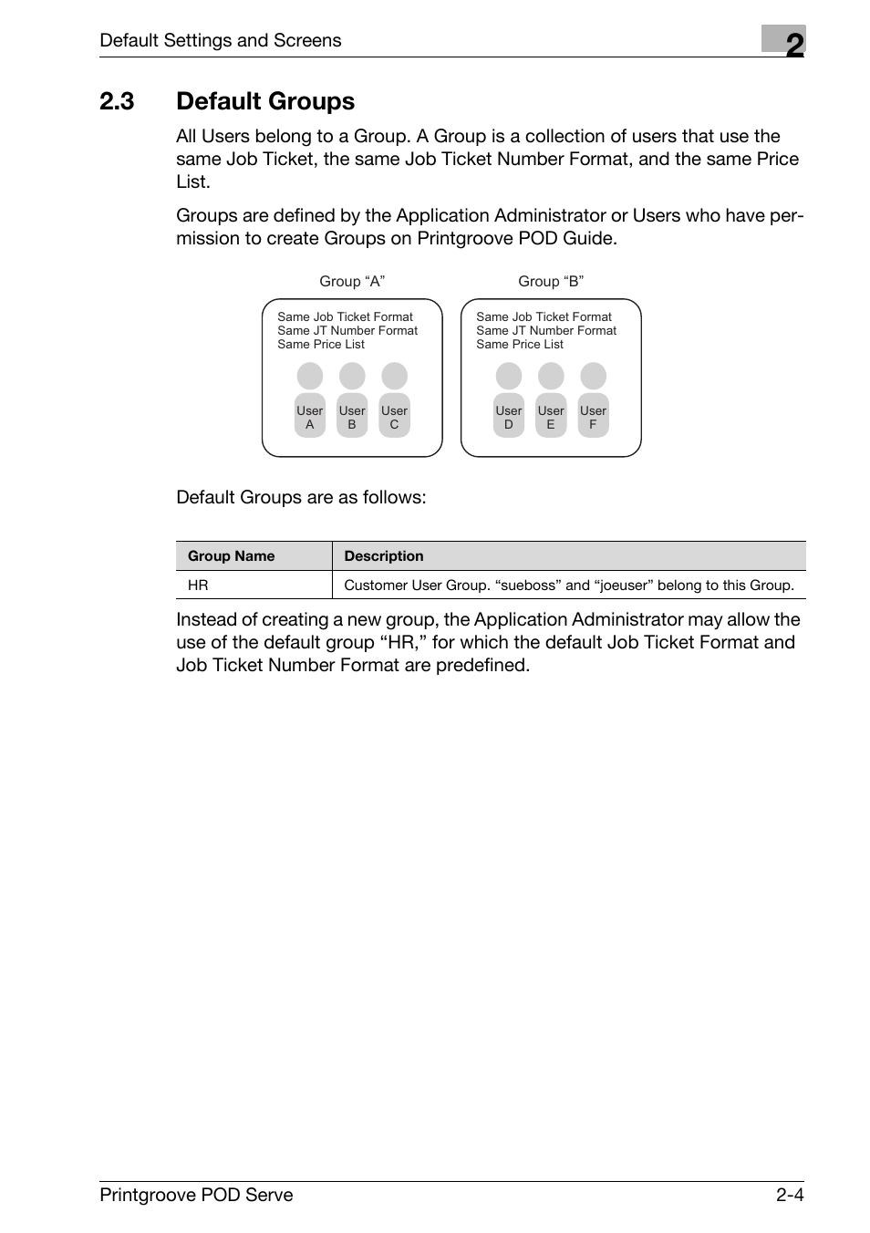 3 default groups, Default groups -4 | Konica Minolta Printgroove User Manual | Page 16 / 127