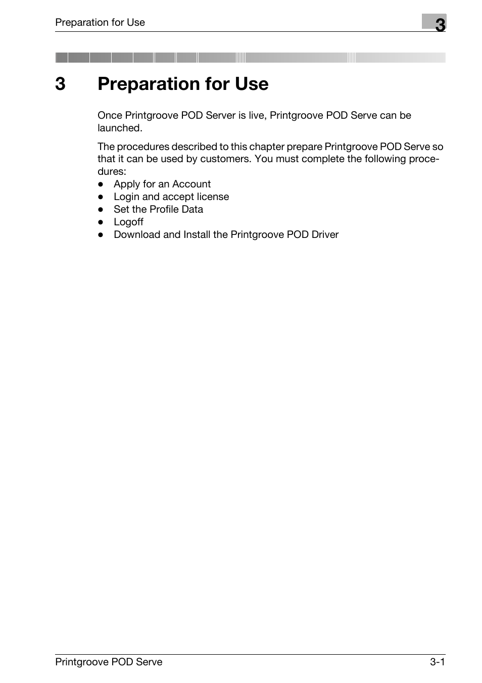 3 preparation for use, Preparation for use, 3preparation for use | Konica Minolta Printgroove User Manual | Page 23 / 127