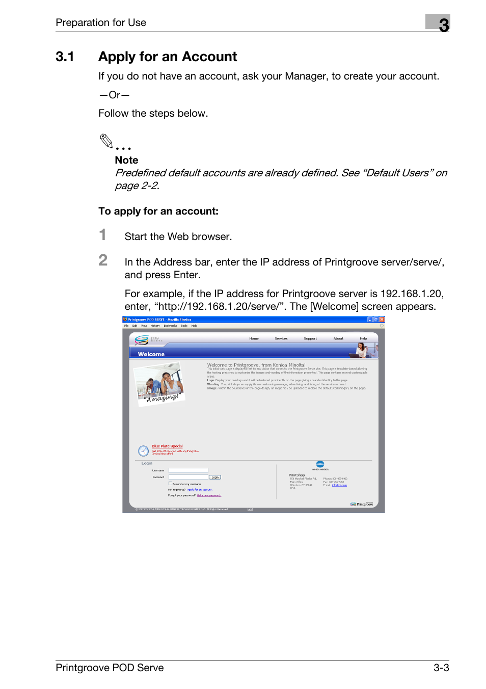 1 apply for an account, Apply for an account -3 | Konica Minolta Printgroove User Manual | Page 25 / 127