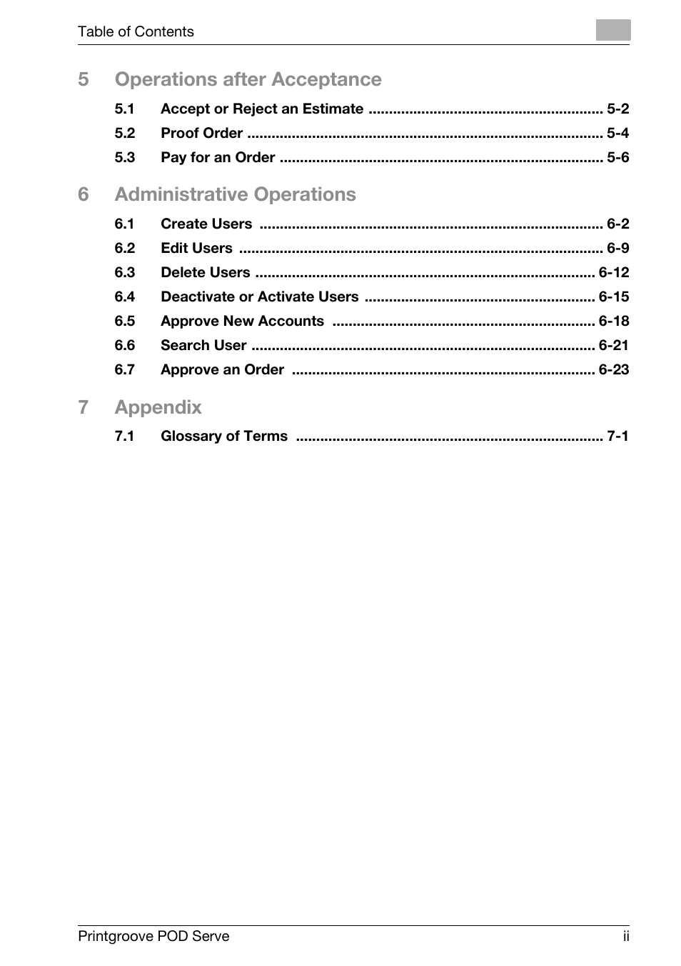 5operations after acceptance, 6administrative operations, 7appendix | Konica Minolta Printgroove User Manual | Page 3 / 127