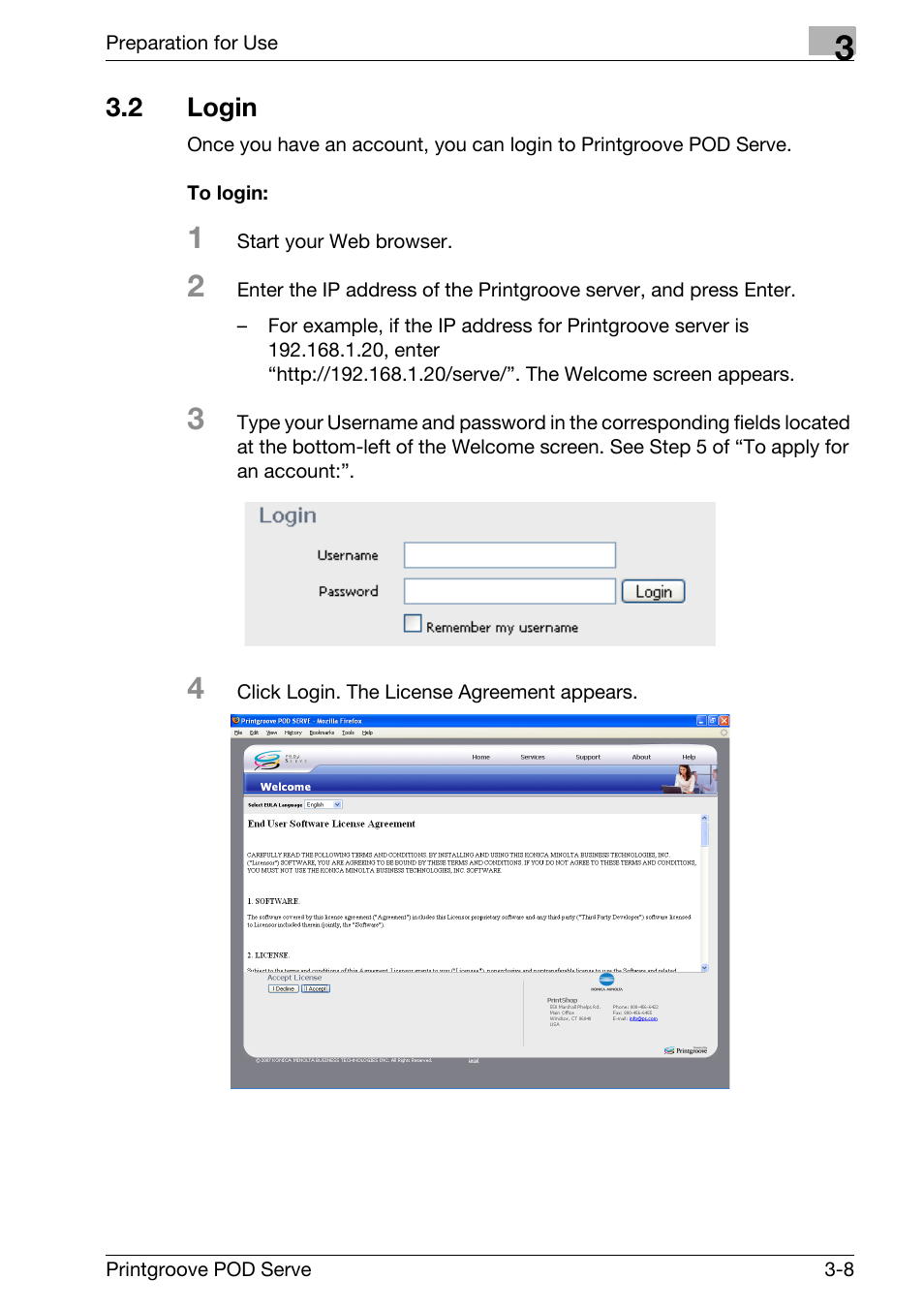 2 login, Login -8 | Konica Minolta Printgroove User Manual | Page 30 / 127