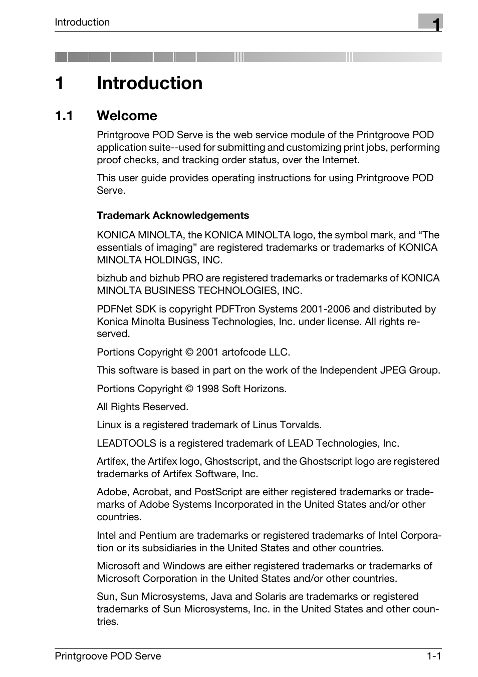1 introduction, 1 welcome, Introduction | Welcome -1, 1introduction | Konica Minolta Printgroove User Manual | Page 4 / 127