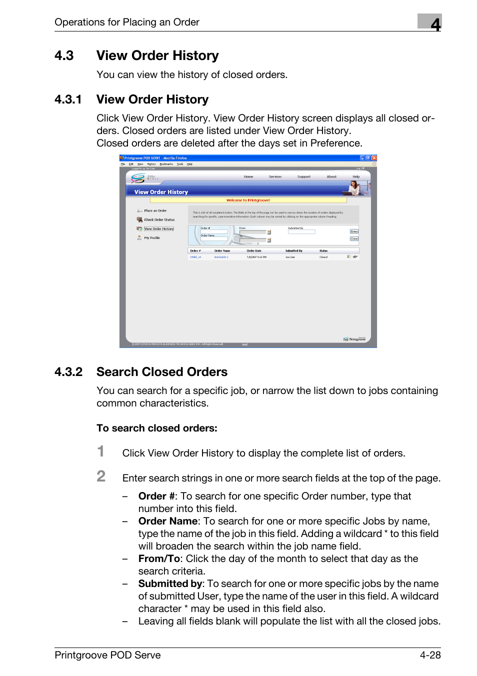 3 view order history, View order history -28 | Konica Minolta Printgroove User Manual | Page 80 / 127