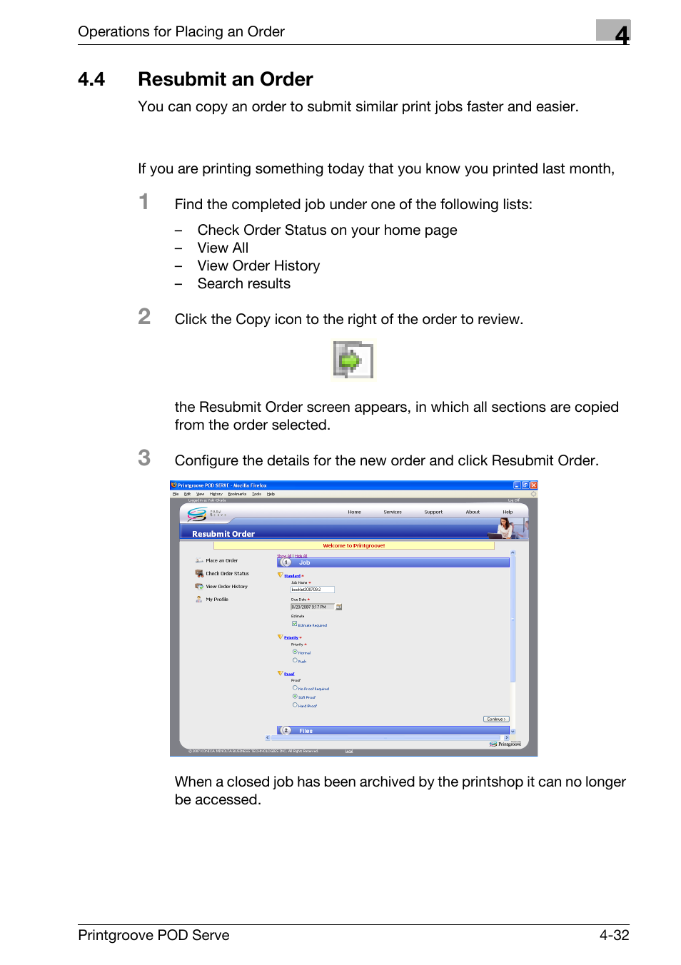 4 resubmit an order, Resubmit an order -32 | Konica Minolta Printgroove User Manual | Page 84 / 127