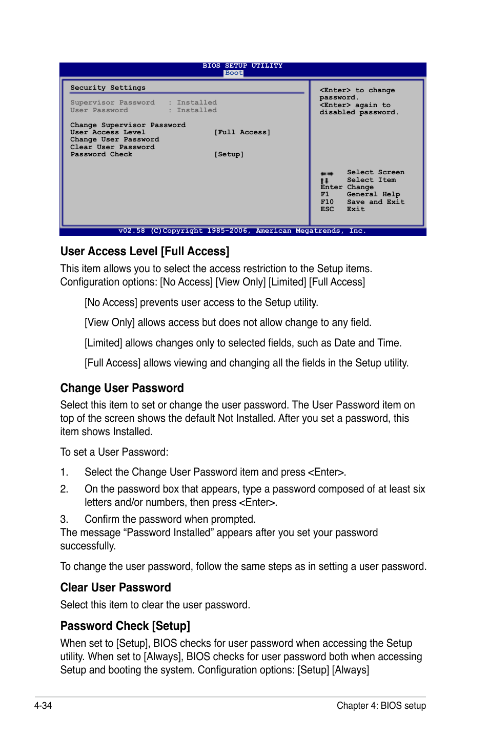 User access level [full access, Change user password, Clear user password | Password check [setup, Select this item to clear the user password | Asus Motherboard P5B-E User Manual | Page 100 / 158