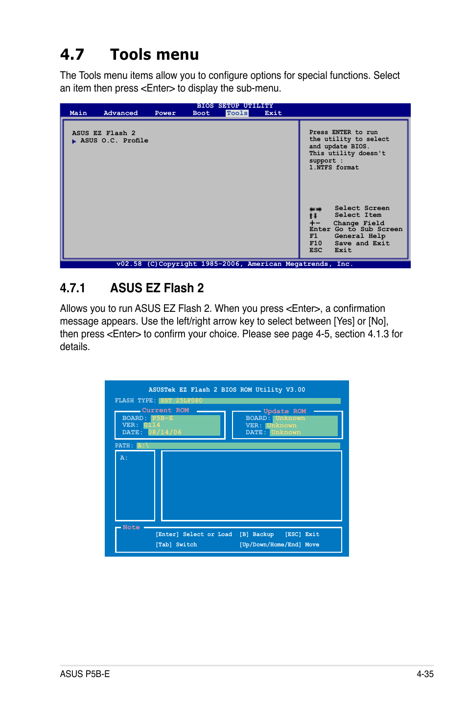 7 tools menu, 1 asus ez flash 2 | Asus Motherboard P5B-E User Manual | Page 101 / 158