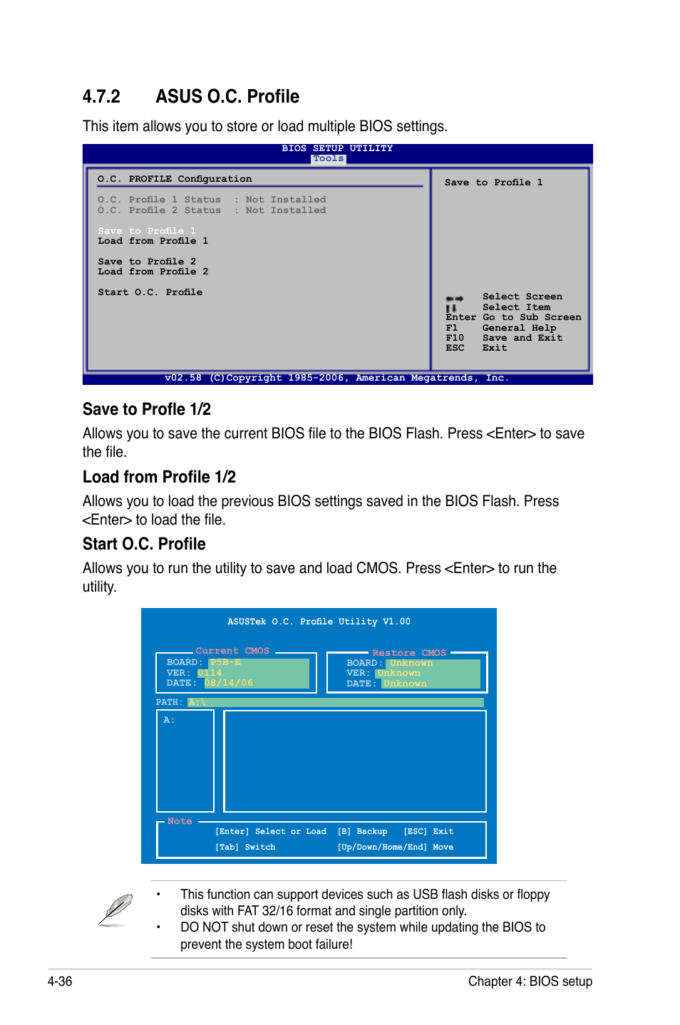 2 asus o.c. profile, Save to profle 1/2, Load from profile 1/2 | Start o.c. profile | Asus Motherboard P5B-E User Manual | Page 102 / 158