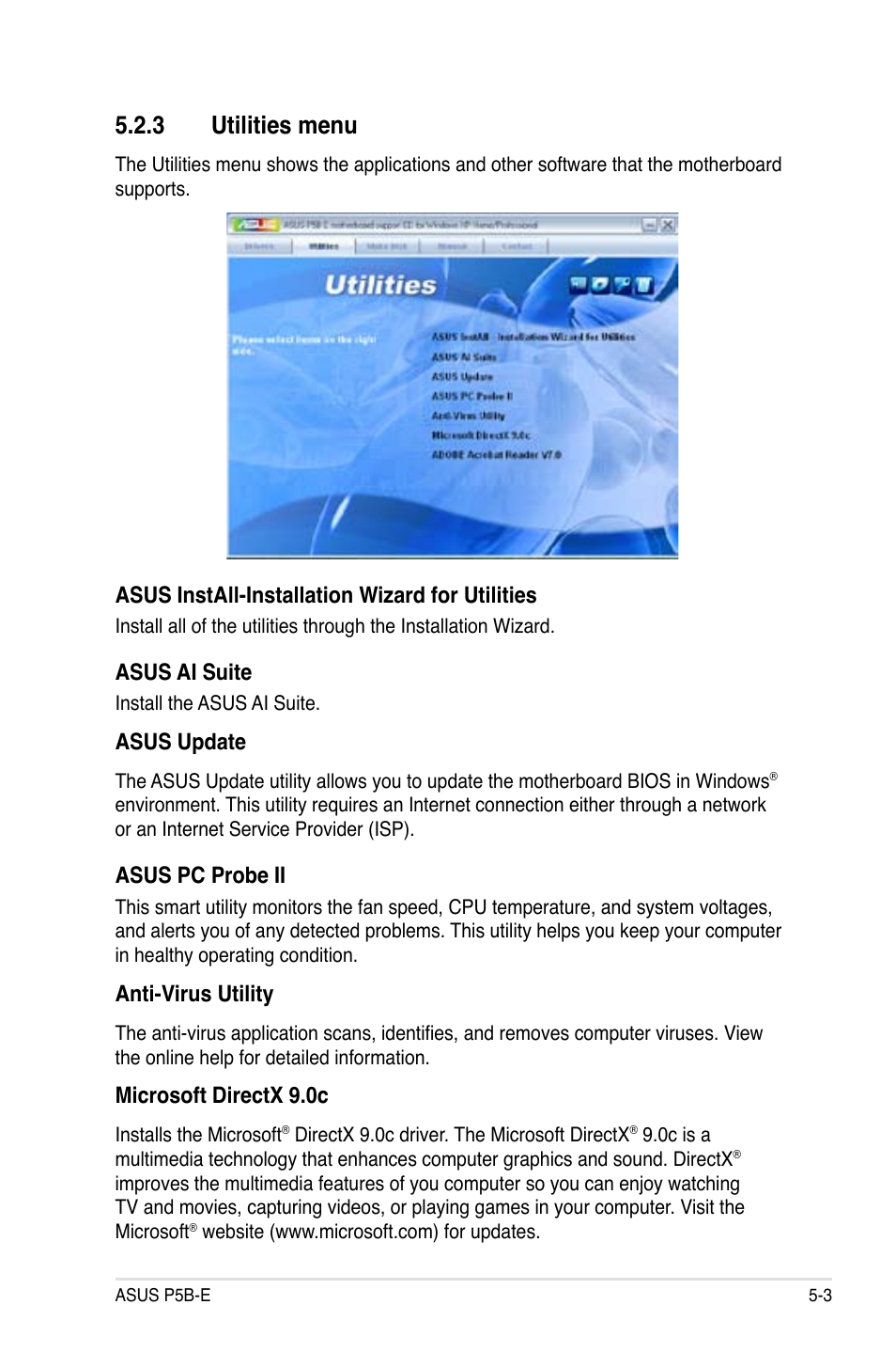 3 utilities menu, Asus install-installation wizard for utilities, Asus ai suite | Asus update, Asus pc probe ii, Anti-virus utility, Microsoft directx 9.0c | Asus Motherboard P5B-E User Manual | Page 109 / 158