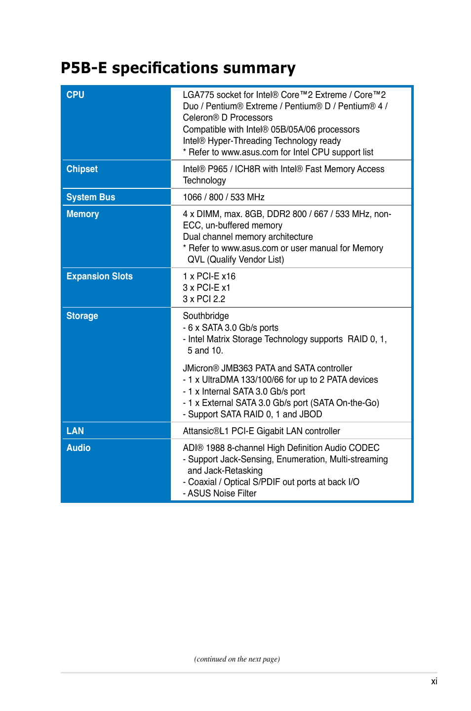 P5b-e specifications summary | Asus Motherboard P5B-E User Manual | Page 11 / 158